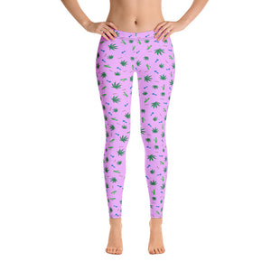 Weed Leaf, Pipes, Blunts, Bongs, & Joints All Over Print Leggings - Pink