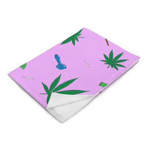 Weed Leaf, Pipes, Blunts, Bongs, & Joints All Over Print Throw Blanket - Pink