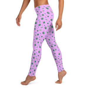 Weed Leaf, Pipes, Blunts, Bongs, & Joints All Over Print Leggings - Pink