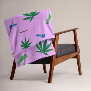 Weed Leaf, Pipes, Blunts, Bongs, & Joints All Over Print Throw Blanket - Pink