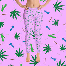 Weed Leaf, Pipes, Blunts, Bongs, & Joints All Over Print Leggings - Pink