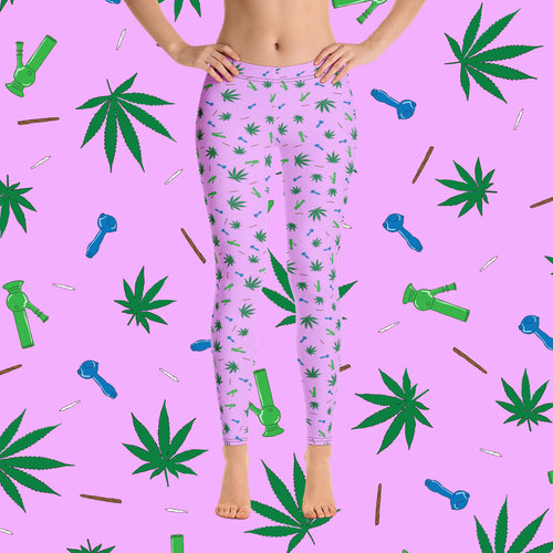 Weed Leaf, Pipes, Blunts, Bongs, & Joints All Over Print Leggings - Pink